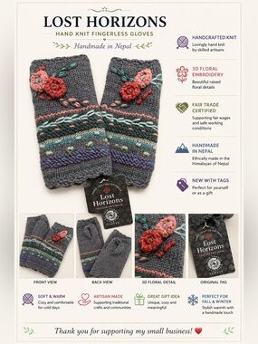 Lost Horizons Hand Knit Fingerless Gloves Gray Floral Fair Trade Nepal NWT
